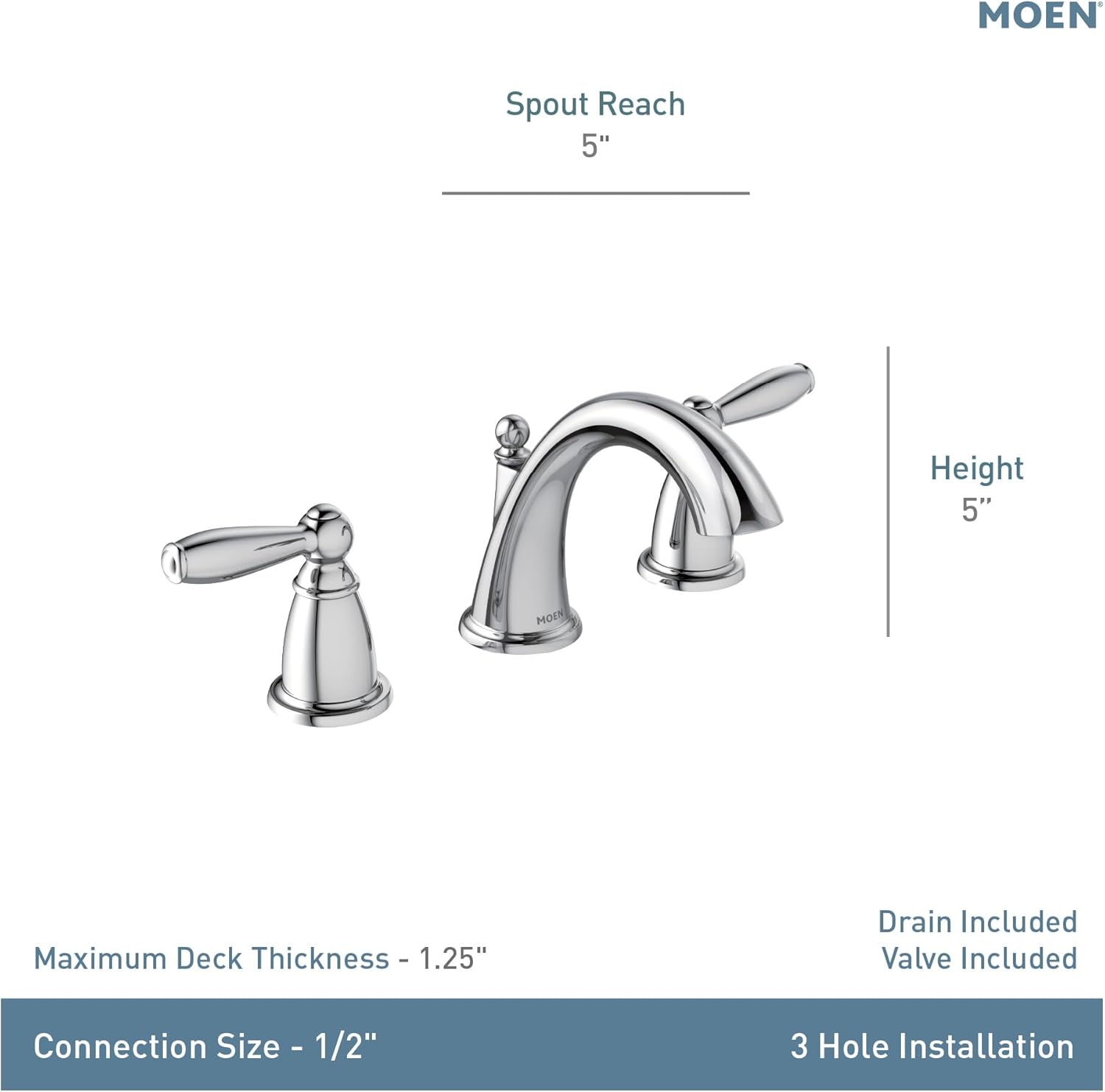 Moen TV6620 Brantford Chrome Two-Handle High Arc Widespread Bathroom Sink Faucet for 3-Hole Setups with Valve Included