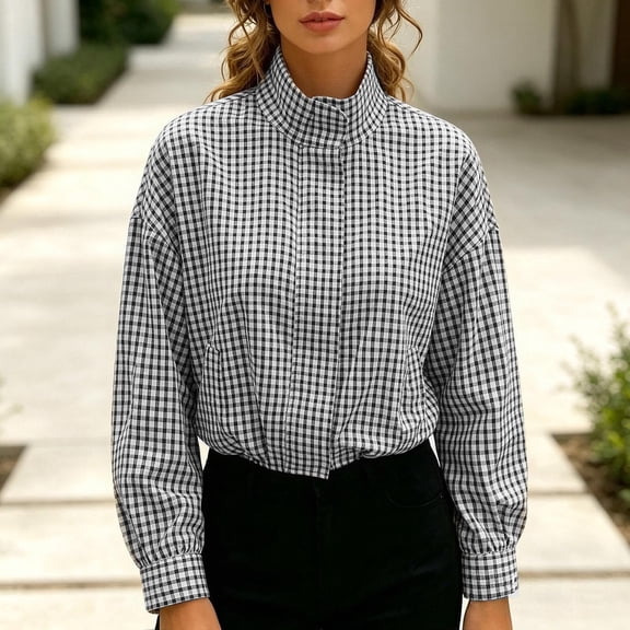 Women Cropped Gingham Bomber Jacket Plaid Oversized Zip Up Stand Collar with Batwing Sleeves Casual Coat Spring Fall Coat, Black, L
