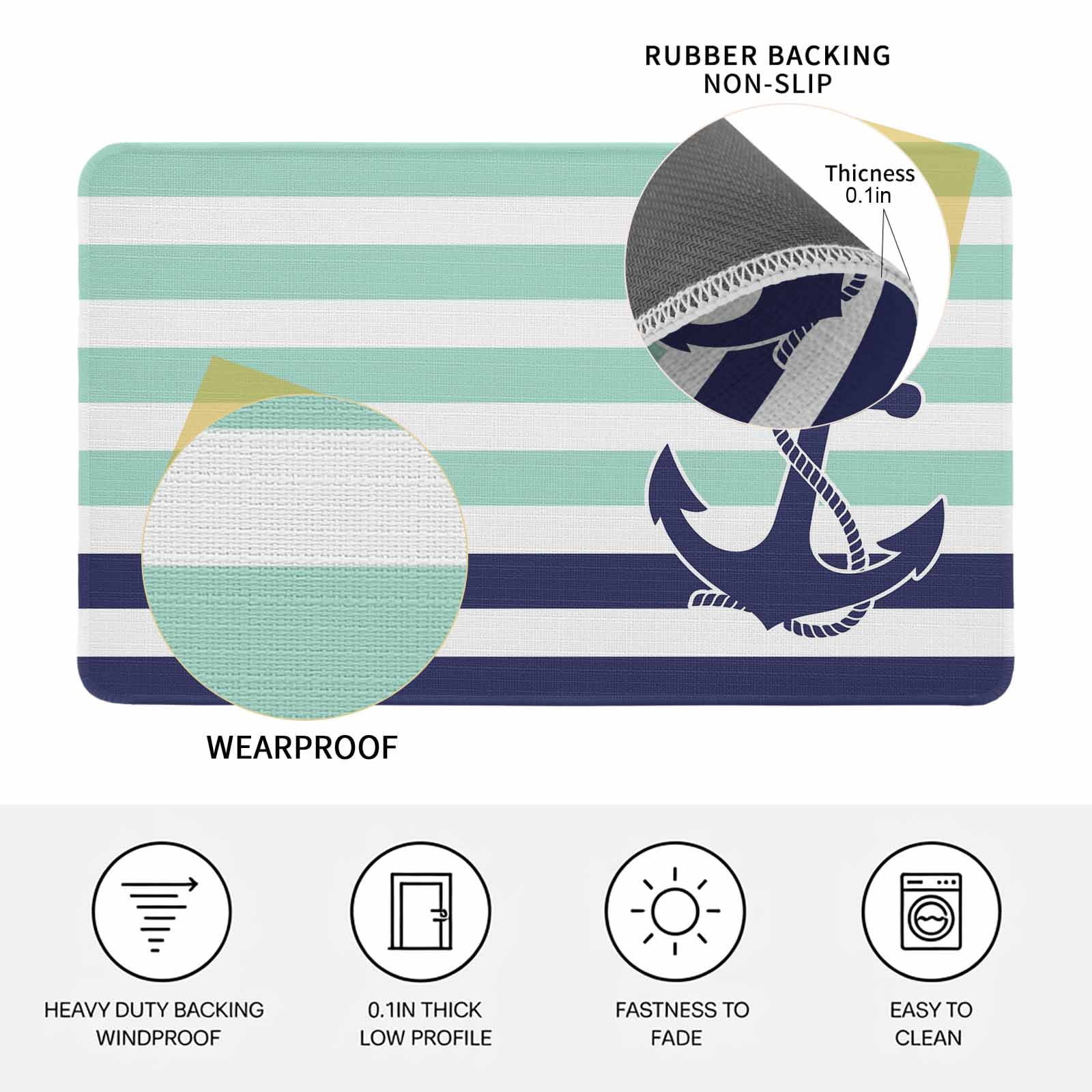 Anchor Aqua Doormat Outdoor Entrance 16"x24", Modern Navy Blue White Striped Nautical Absorb Moisture Dirt Door Mats, Non-Slip Rubber Backing Floor Mats Indoor, Low-Profile Front Door Rugs