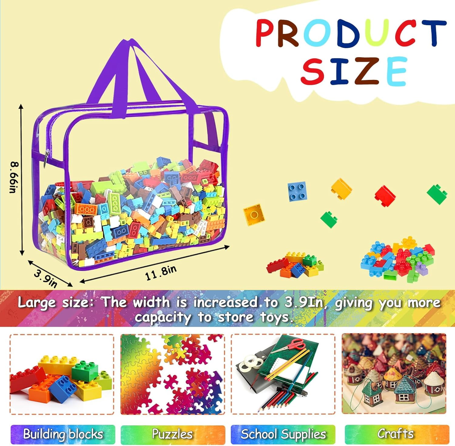 Januofit Auckpure 6 Pcs Large Toy Storage Bags with Labels, Reusable Clear PVC Board Game Storage, Travel Waterproof Organizer Bags with Zipper for Building Blocks, Puzzle, Kids Books（6 Colors）