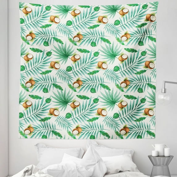 Watercolor Tapestry, Coconut Fruit Exotic Nature Palm Tree Leaves Aloha Hawaii Polynesian Food, Fabric Wall Hanging Decor for Bedroom Living Room Dorm, 5 Sizes, Green Pale Brown, by Ambesonne
