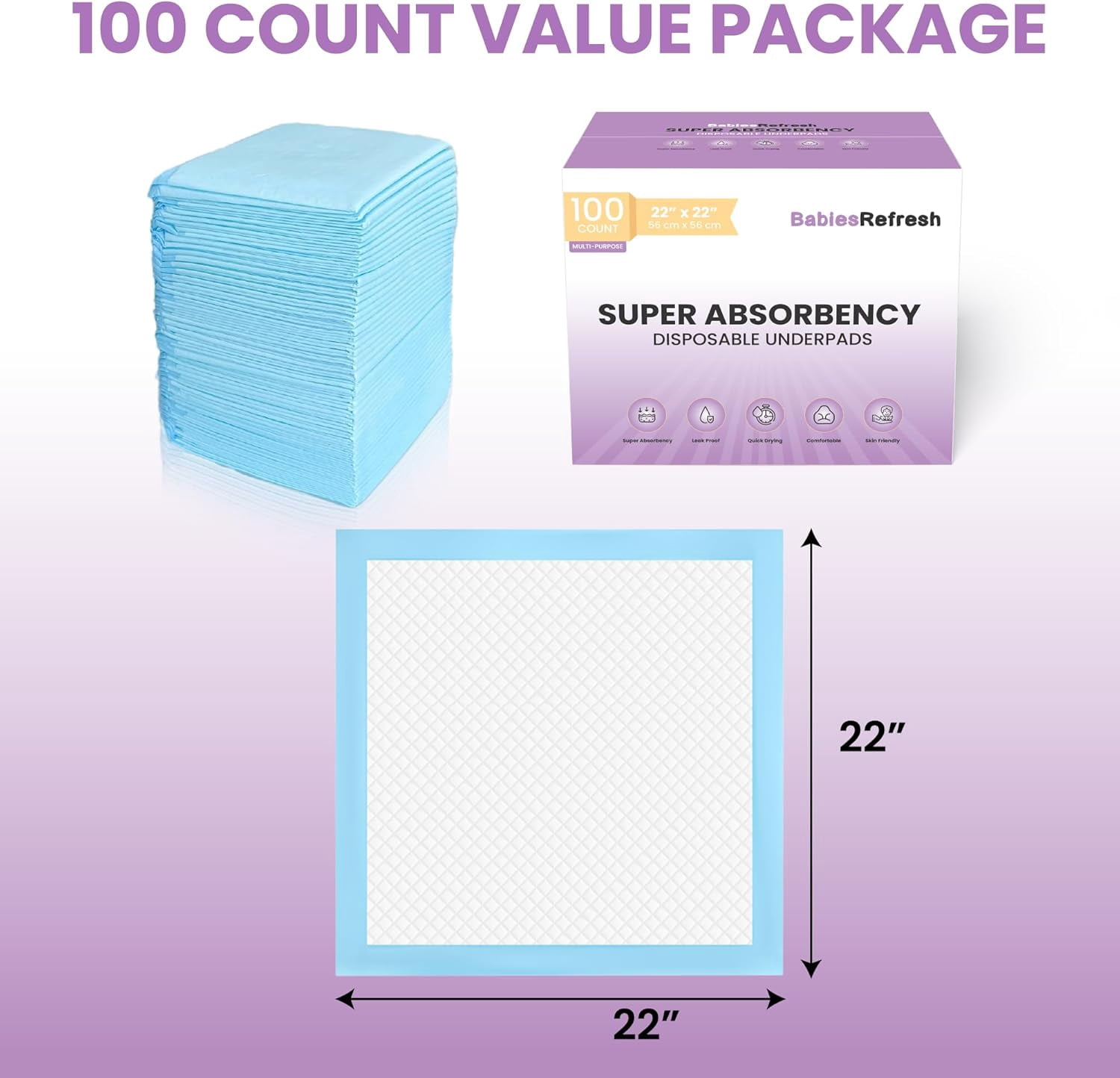 Super Absorbency Disposable Underpads, 22” x 22", 100 Count, Leakproof Quick Drying for Multi-use for Babies, Puppy Pads and Adults, Potty Training Pads, Pet Pee Pads, Cat Pee Pads, Blue, Medium