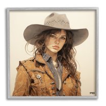 Stupell Industries Brunette Cowgirl on Beige Abstract Painting Gray Framed Art Print Wall Art, 12 x 12