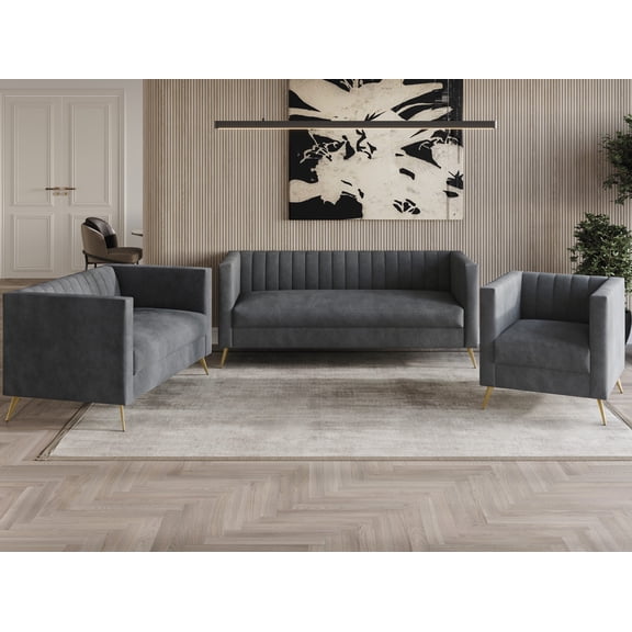Home Design Weiss Velvet Square Arm Chair with Channel-Tufted Back and Gold Metal Legs, Modern Upholstered Living Room Seating, Dark Gray