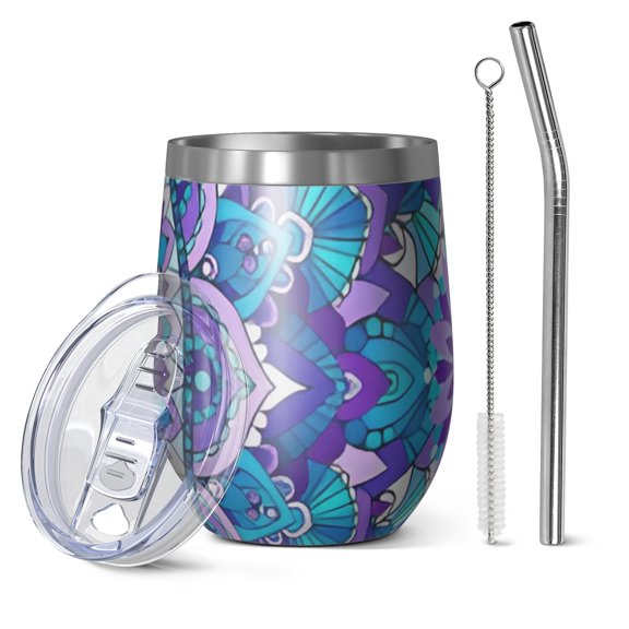 12oz Stemless Wine Tumblers Purple Ethnic Mandala Pattern Vacuum Insulated Stainless Steel Travel Tumbler Cups Mug with Lid and Straw for Champaign,Cocktail,Beer with Cleaning Brush