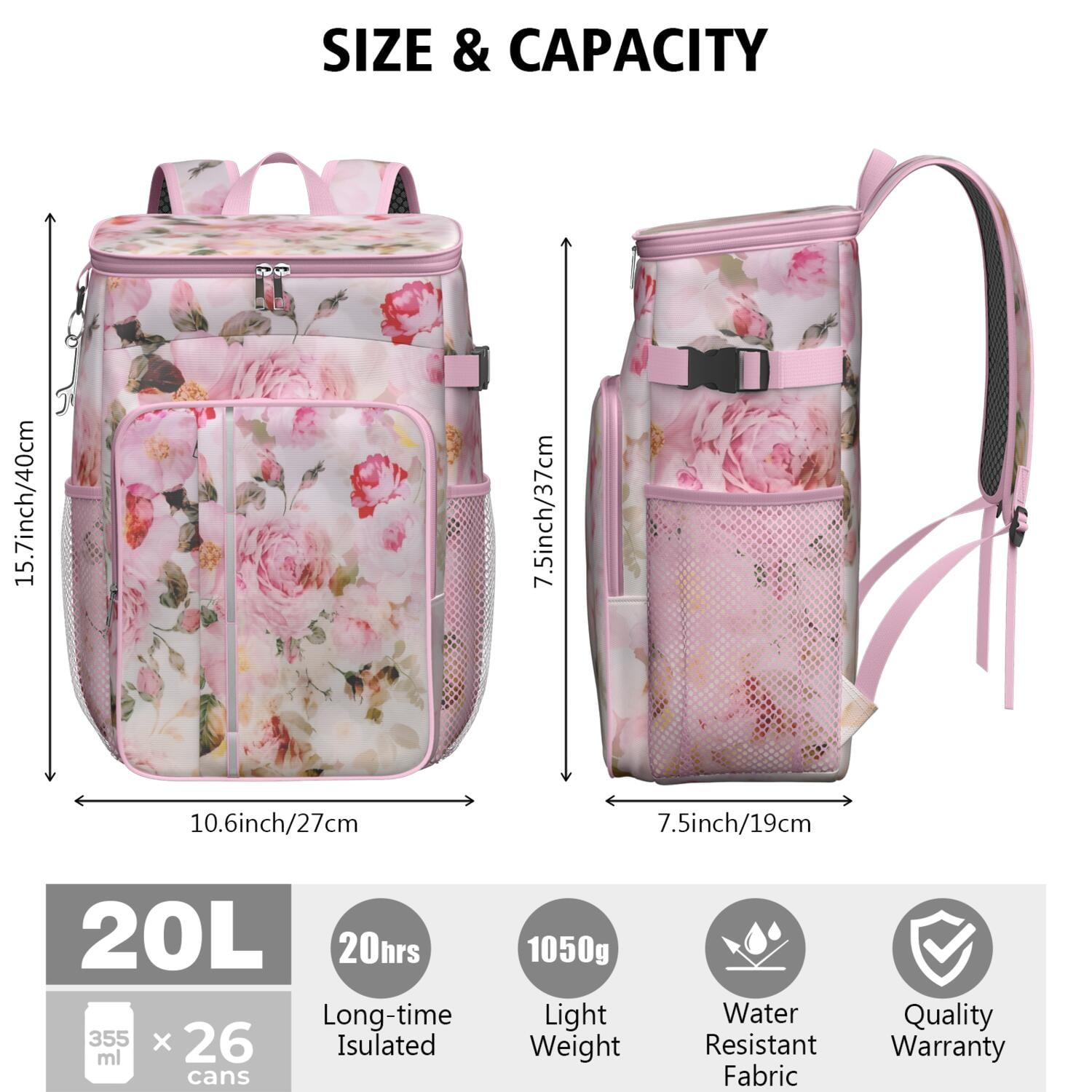Travel Cooler Bag - Pioneer Flower Floral Print Pattern Camping Beer Cooler Backpack with Bottle Opener- Waterproof Insulated Picnic Backpacks - Cooler Bag for Beach