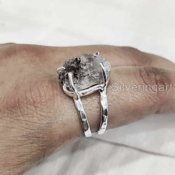 Natural Herkimer Diamond Ring, Rough Herkimer Diamond Ring, Birthstone, 2 Hammered Band, 925 Sterling Silver, Womens Ring, Christmas, Thanksgiving, Handmade, Statement Jewelry, Rough Gemstone Jewelry