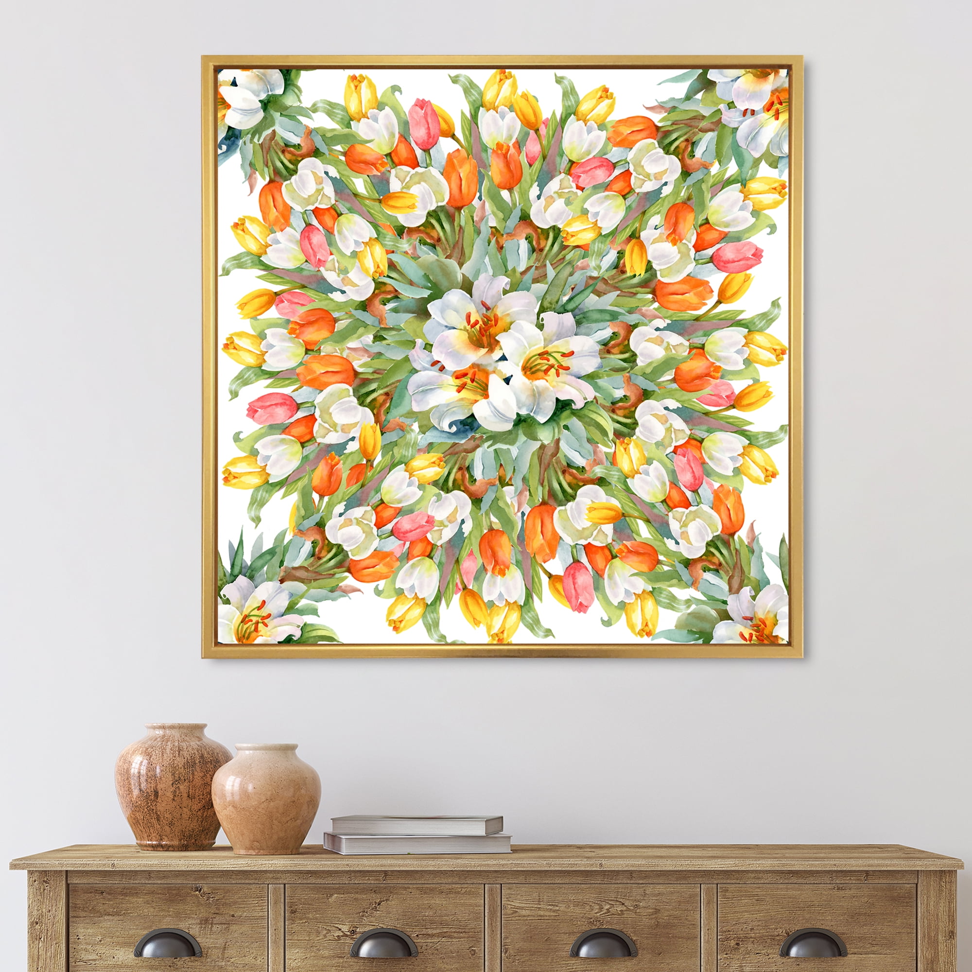 Designart 'Blooming Orange and White Tulips I' Traditional Framed Canvas Wall Art Print