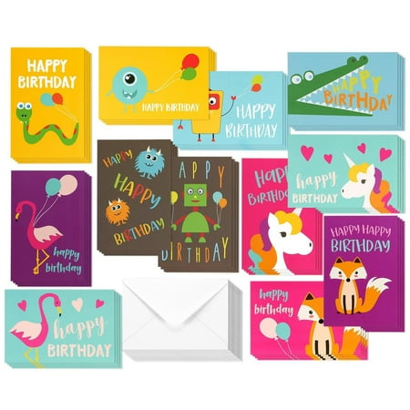 48 Pack Children Birthday Cards Unicorn, Flamingo, and Monster Designs