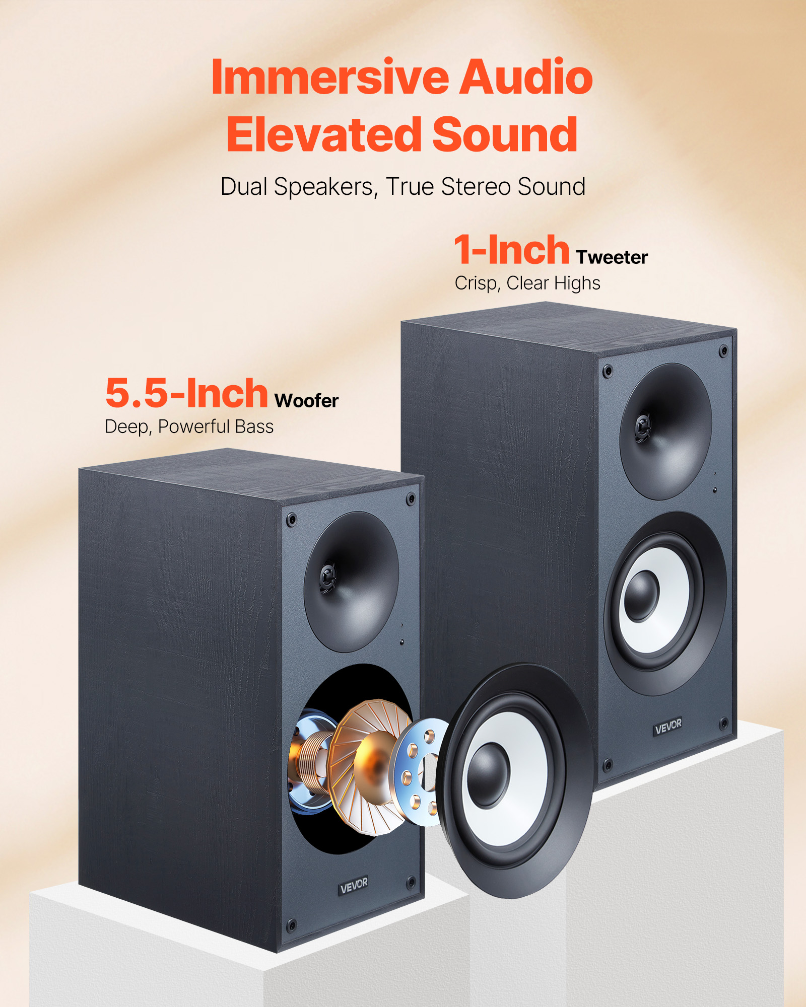 VEVOR Powered Bookshelf Speakers, 25W x 2,Active Studio Monitor Speaker with 5.5 Inch Woofer,Bluetooth/RCA/Coaxial/Optical/USB/Subwoofer Connection,Wooden Enclosure,for Record Player Turntable PC