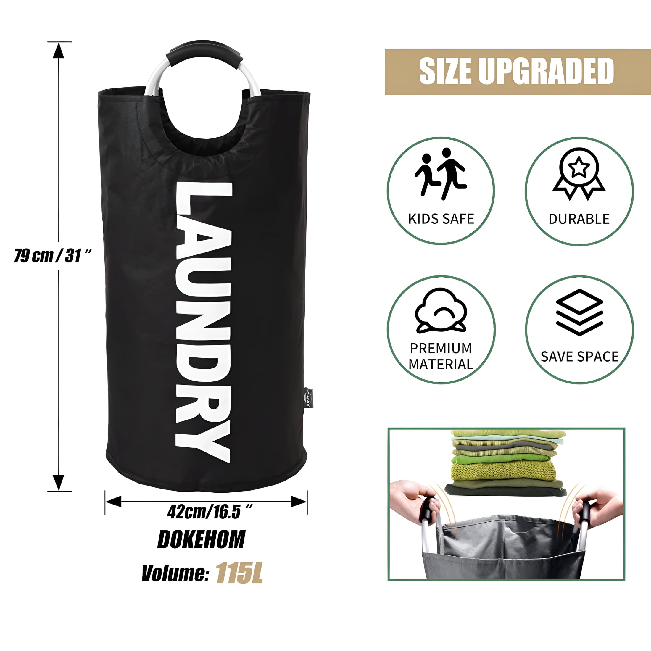 GASTROPOD 2026 New 115L X-Large Laundry Basket,Collapsible Fabric Laundry Bag,Tall Laundry Hamper Waterproof for Dirty Clothes Baskets,Washing Storage Bins Tote Bag,16.5" D × 31" H,Black
