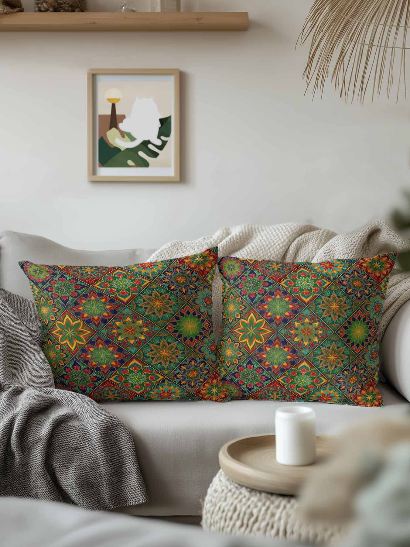 1 Pack Outdoor Throw Pillow, Retro Boho Waterproof Pillow with Insert Included, Green Blue Red Ethnic Floral Geometric Abstract Decorative Accent Cushion Sofa Pillows for Patio Porch, 18 x 18 In