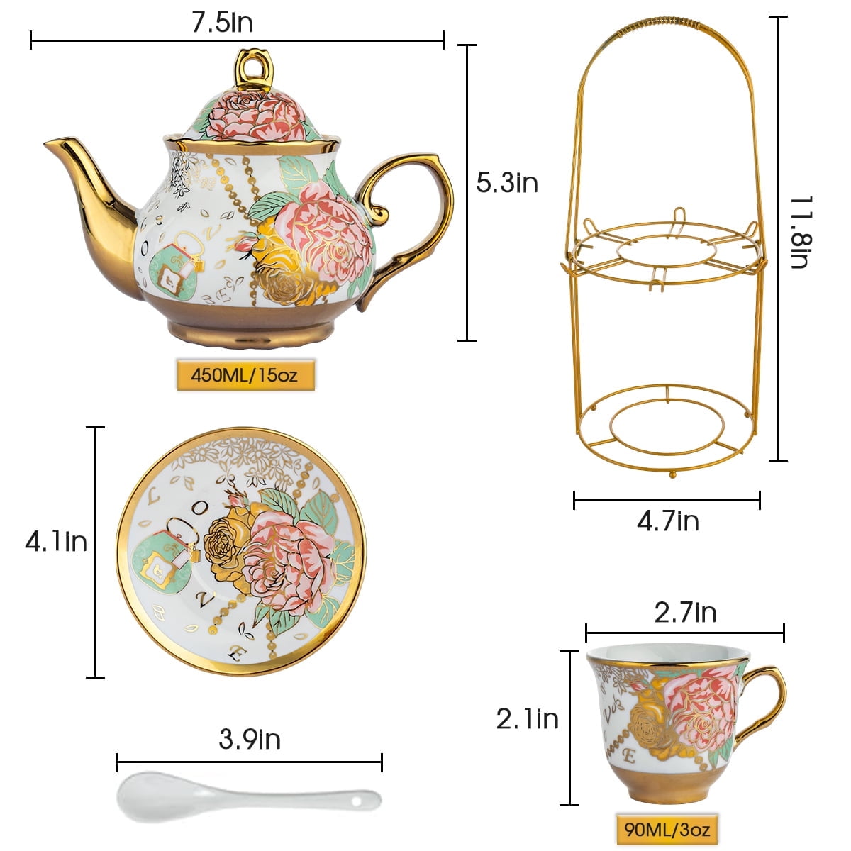 20 Pcs Tea Set,Ceramics Tea Cup Set for Adult, Coffee Cups with Metal Holder, Gold(ANJORALA )