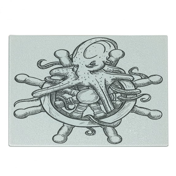 Octopus Cutting Board, Dangerous Octopus on Helm of Sailing Ship with Tentacles Around Handles Print, Decorative Tempered Glass Cutting and Serving Board, Small Size, Black White, by Ambesonne