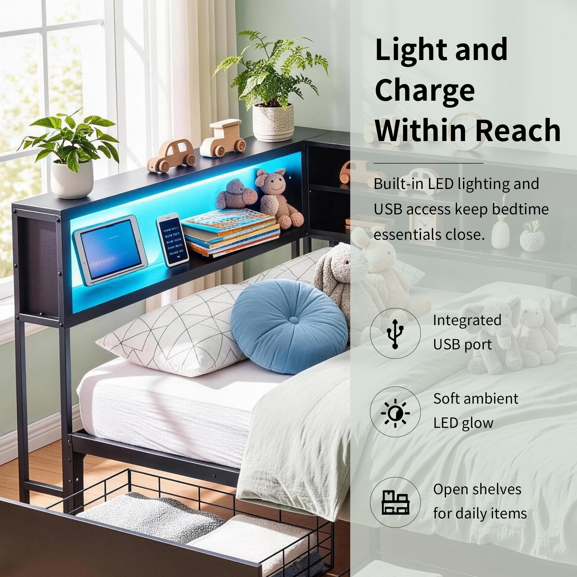 Miniyam Twin Daybed with 2 Storage Drawers, LED Lights & Charging Station, Black