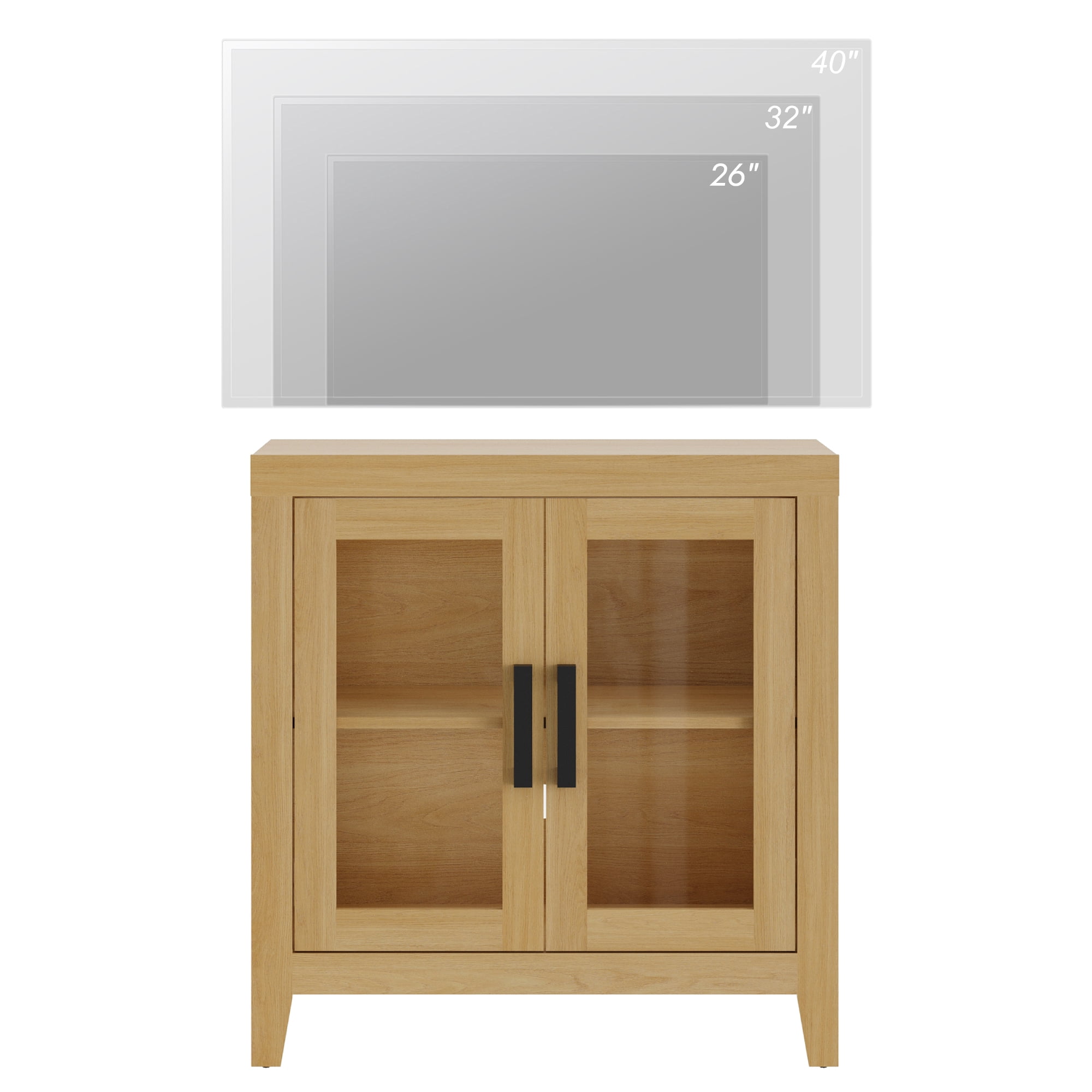 WAMPAT Modern Farmhouse TV Stand up to 40"TV, Entertainment Center with Tempered Glass Doors & Adjustable Shelves, Oak
