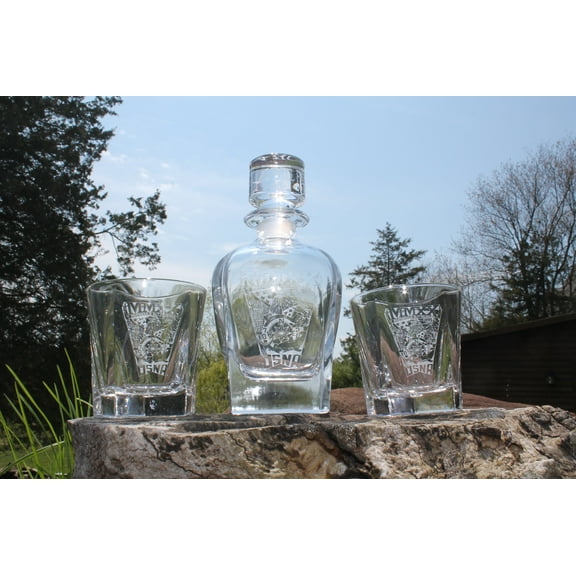 Crystal Rounded Whiskey Liquor Decanter and 2 Rocks Glass SET Custom Engraved USNA USMMA USAFA graduation commencement