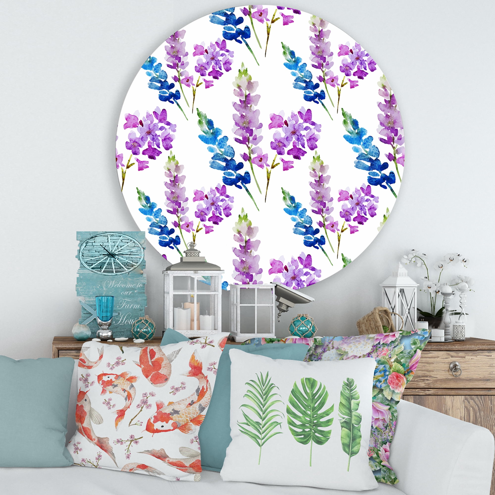Designart 'Purple and Pink Floral Pattern' Traditional Circle Metal Wall Art 36x36 - Disc of 36