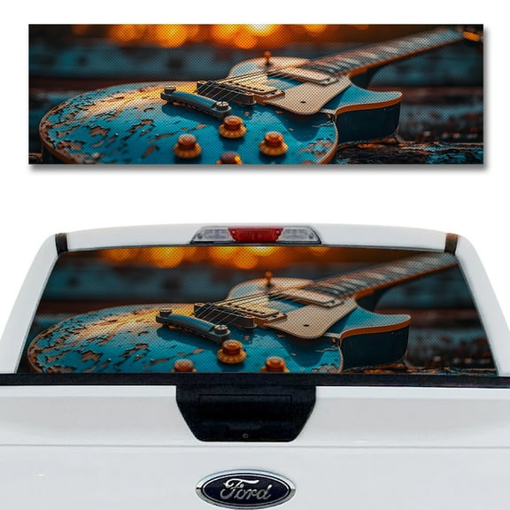 Rear Window Decal for Trucks – Weathered Vintage Guitar 65 x 20 Inches, Weatherproof Perforated Vinyl See-Through Graphic, Fits Most Pickup Trucks & SUVs