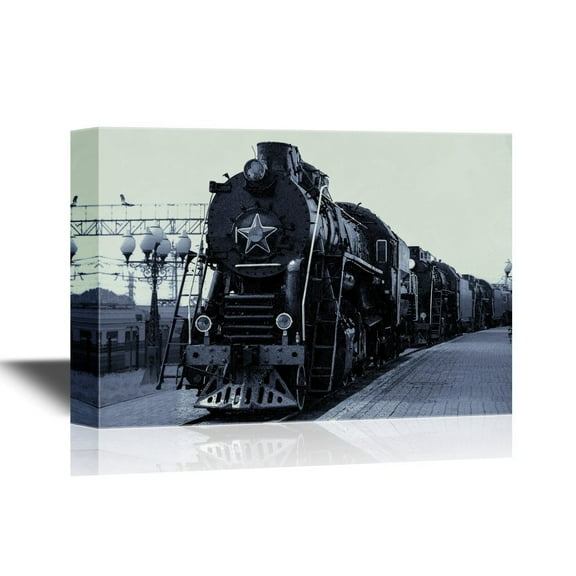 wall26 - Tank Engine Canvas Wall Art - Retro Style Train - Gallery Wrap Modern Home Art | Ready to Hang - 16x24 inches
