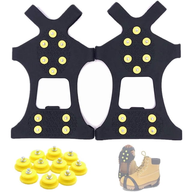 Fiersh Ice Cleats \u2013 Puños de nieve crampones antideslizante Tracción & Snow Grippers para zapatos y botas 10 tacos acero Slip-on Stretch Calzado mujeres hombres niños (Extra Studs) XL