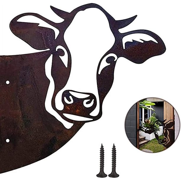 Valla de jardín de ganado de metal, decoración al aire libre, hogar, ganado, decoración de jardín de animales, escultura de hierro fundido oxidado, silueta de árbol, patio, arte de pared, regalo