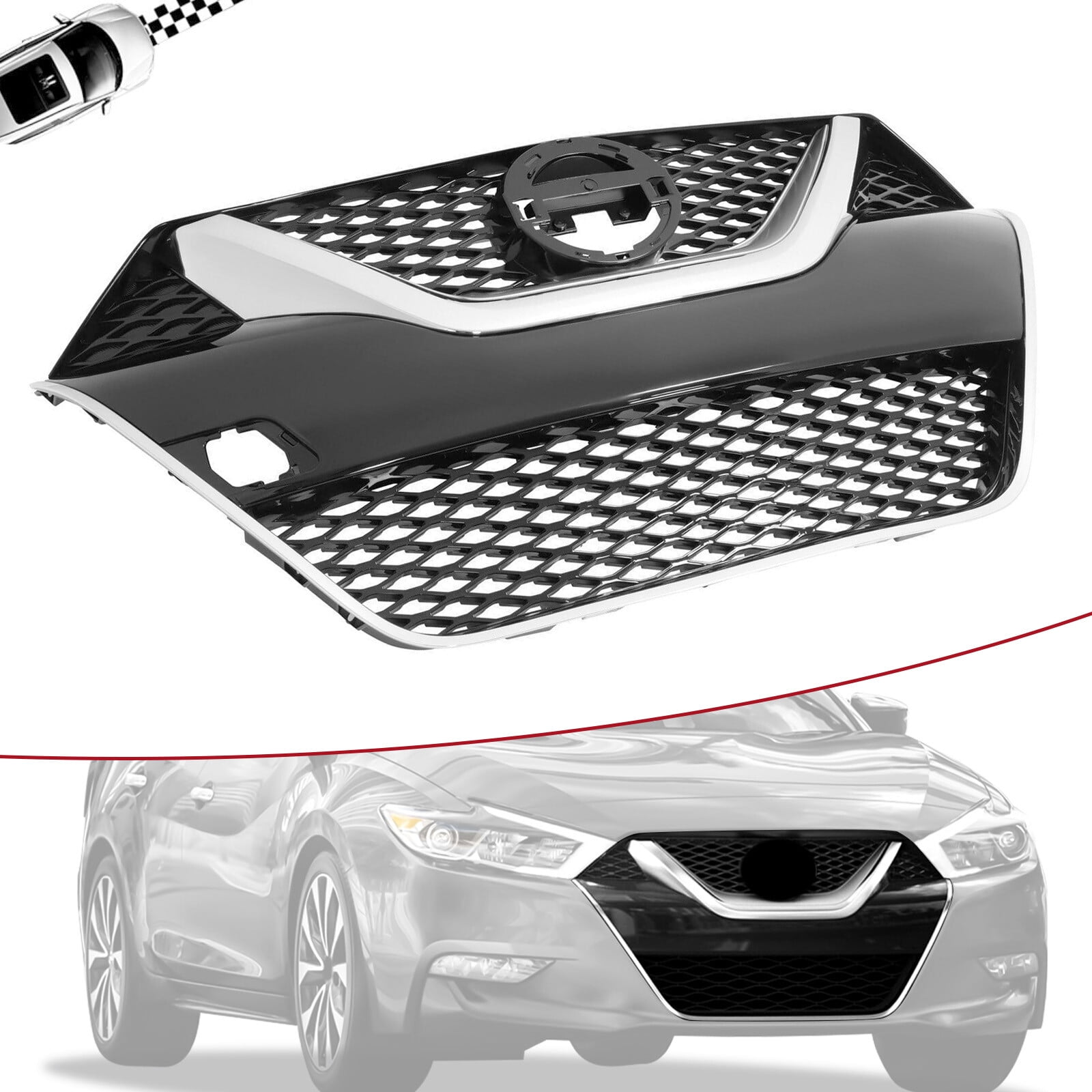 Front Upper Bumper Grille Black w/Chrome Trim For Nissan Maxima 2016 2017 2018