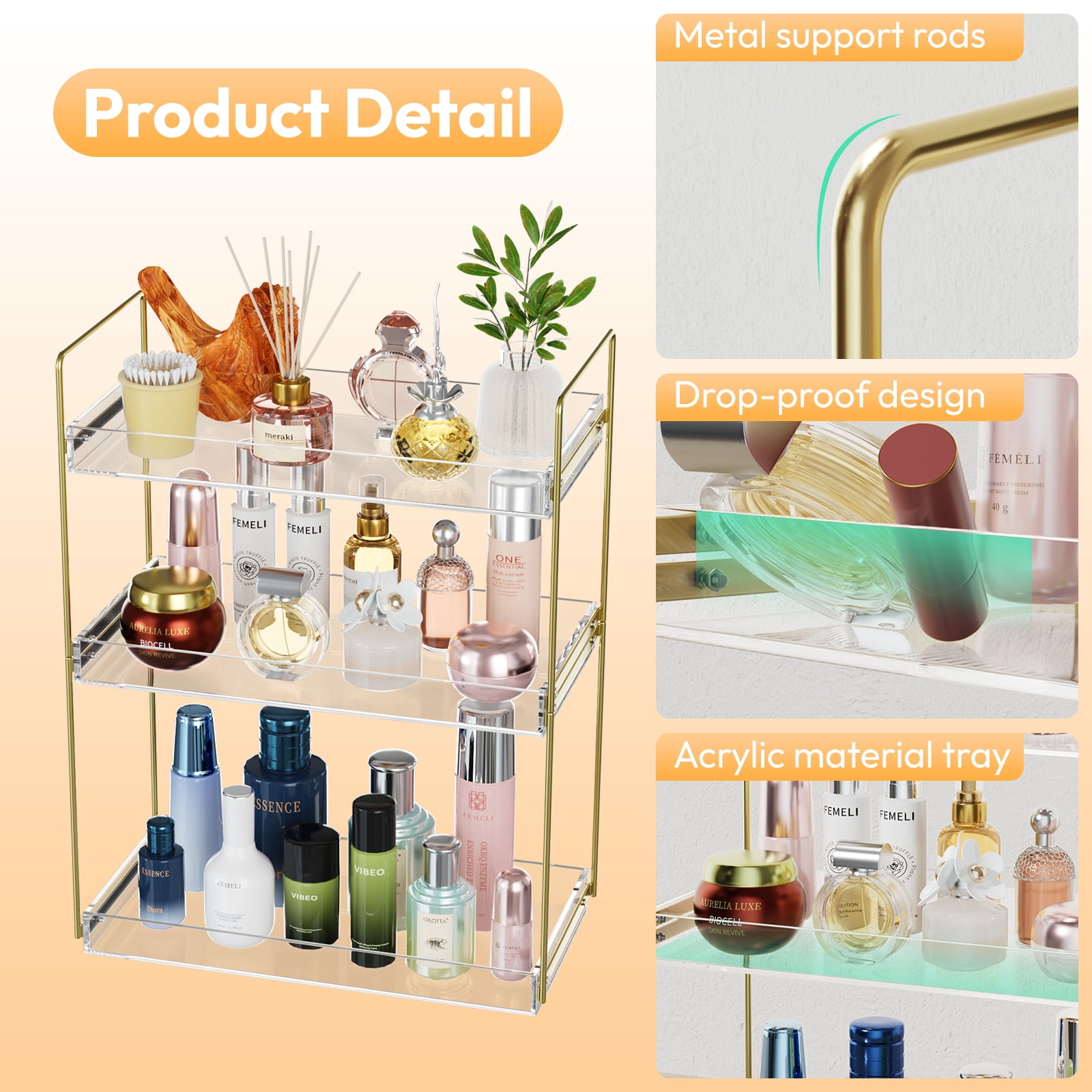 NIUBEE 3-Tier Acrylic Bathroom Organizer, Chic Easy Assembly Bathroom Sink Shelf, Large Space Storage Holder for Lotions & Makeup, Perfume, Spice, Gold