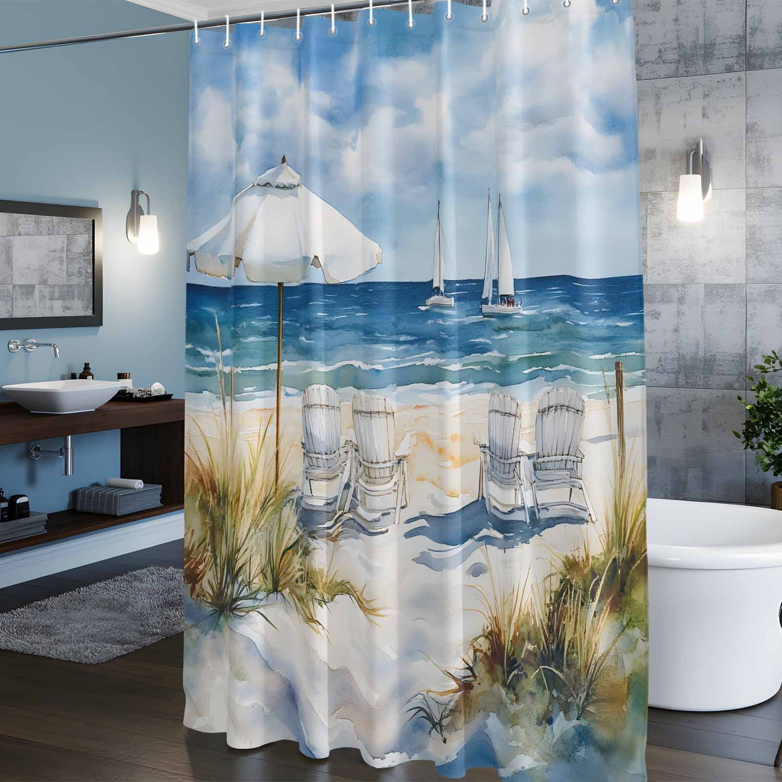 Summer Scenery Shower Curtains for Bathroom, Beach Chair Washable Fabric Shower Curtain with Hooks Waterproof Bathroom Decor Sets, 36 x 72 Inches