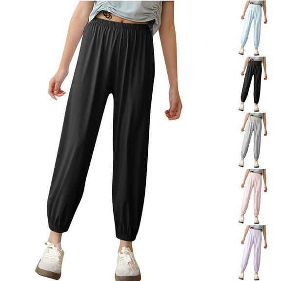 Antinious Boys Girls Stylish Solid Ice Silk Elastic Waist Jogger Casual Full Length Pants 7-8Y