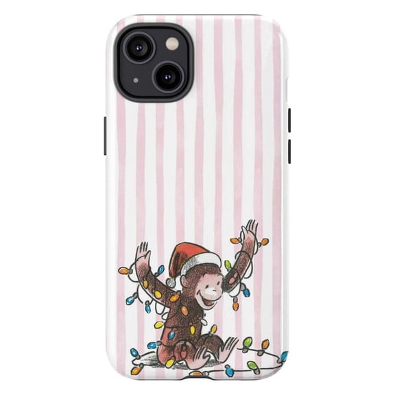 Christmas Curious Monkey Phone Case, Cute Cartoon Monkey with Santa Hat & Holiday Lights for iPhone 17 16 15 14 13 12 11 Pro Plus Mini (Pink)