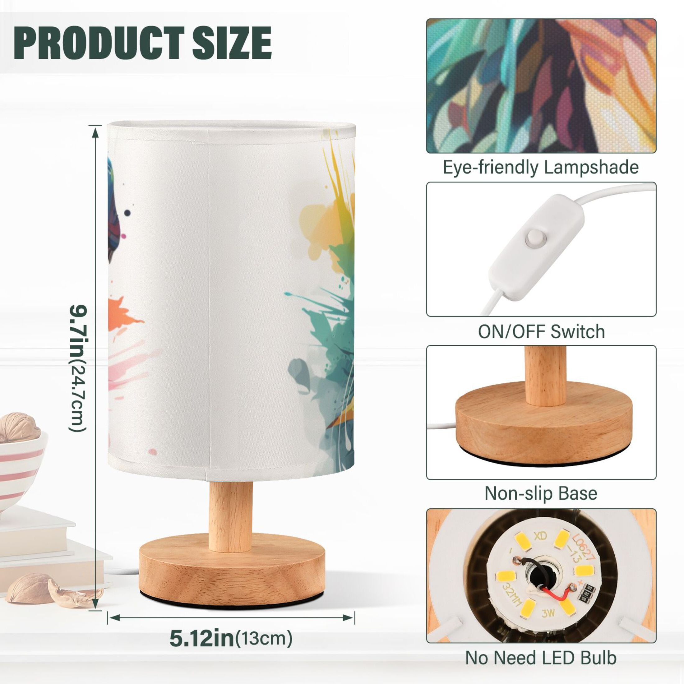 Dinosaur Colorful Table Lamp USB Bedside Desk Nightstand Lamp Printed Gifts Small Lamp Wood Base for Bedroom Living Room Kids Room College Dorm