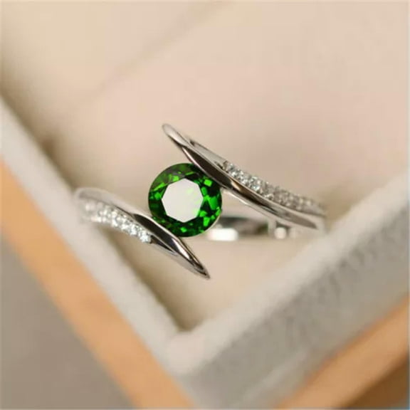 HOOUN Fashion Women Round Cut Aquamarine Rings Alloy Silver Wedding Ring Size 6-10-Green-7