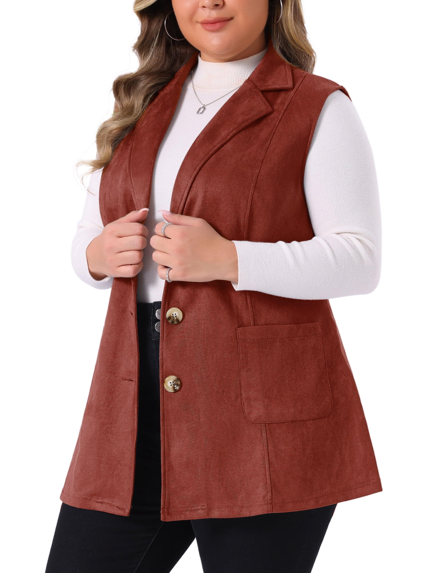 DARING DIVA Women's Plus Size Lapel Sleeveless Lightweight Suede Vests 3X Rust