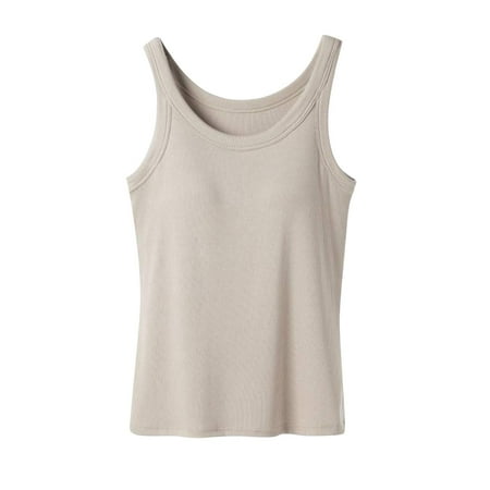 Ribbed Cotton Tank Top with Built in Bra for Women Shelf Bra Camisole Tops Workout Tops Cami Bra Padded Tank Top Sports Bras Khaki L