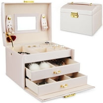 ABCPOW Jewelry Box for Women Girls,Watch Jewelry Holder Boxes with Mirror and Handle,PU Leather 3 Layers Jewelry Storage Organizer Case for Earring,Ring, Necklace,Bracelets Mothers Day Gift,Pink