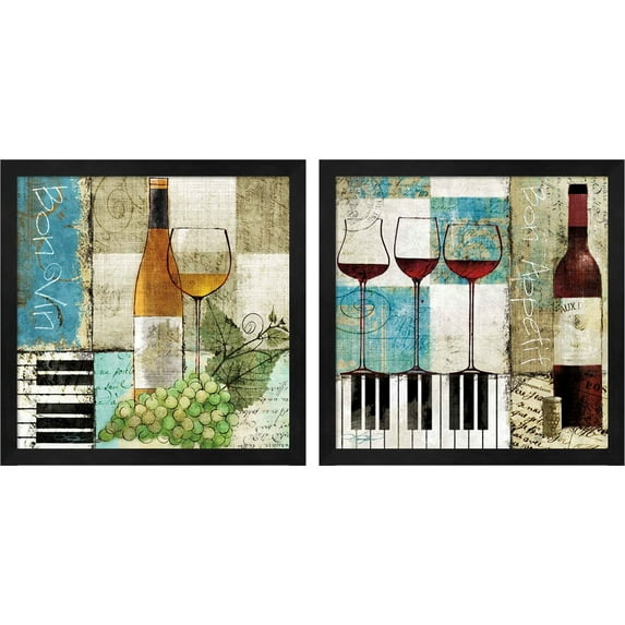 Great Art Now Bon Vin & Bon Appetit by Keith Mallett, 2 Piece Framed Art Set Each 13"W x 13"H