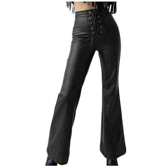 AherBiu Leather Pants for Women Drawstring High Waisted Vintage Flare Pants Bell Bottom Trousers Clubwear