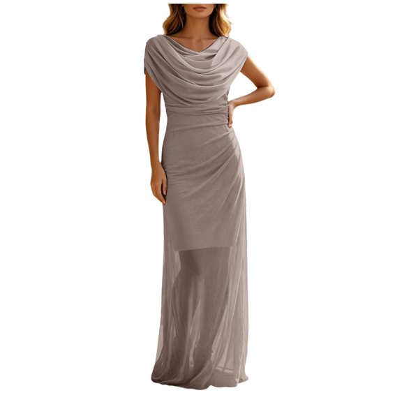RFQWOVSR Womens Draped Neck Ruched Maxi Dress Elegant Flowing Silhouette Gown M