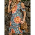 thumbnail image 4 of CALIPESSA Womens Summer Mandala Print Short Sleeve Round Neck Cold Shoulder Flared Tunic A-Line Dress, 4 of 5