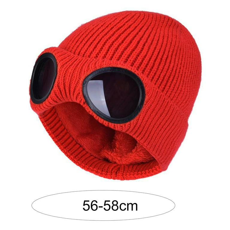 Goggle Lens Beanie Ribbed Knit Cuffed Winter Ski Hat Skull
