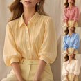 thumbnail image 2 of Women Striped Lapel Blouse, Loose‑Fit 3/4 Puff‑Sleeve Elegant Commuter Tops, 2 of 6