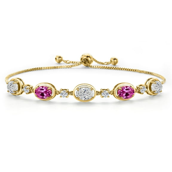 Gem Stone King 18K Yellow Gold Plated Silver White Lab Grown Diamond and Pink Created Sapphire Bracelet for Women | 3.90 Cttw | Gemstone April Birthstone | Oval 7X5MM | Fully Adjustable 9 inch