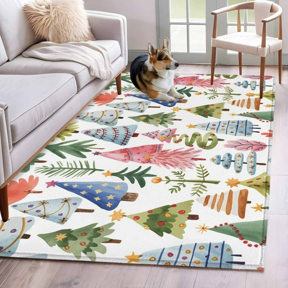 Christmas Tree Area Rug 4x6 Washable Rug Non Slip Xmas Trees Winter Botanical Abstract Large Area Rug Indoor Floor Carpet for Entryway Bedroom Kitchen Living Room Home Office Dining Room Nursery