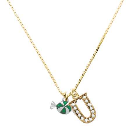 Delight Jewelry Silver-tone Green Peppermint Candy and Large Goldtone Crystal Initial U Charm Necklace 17.5 +2