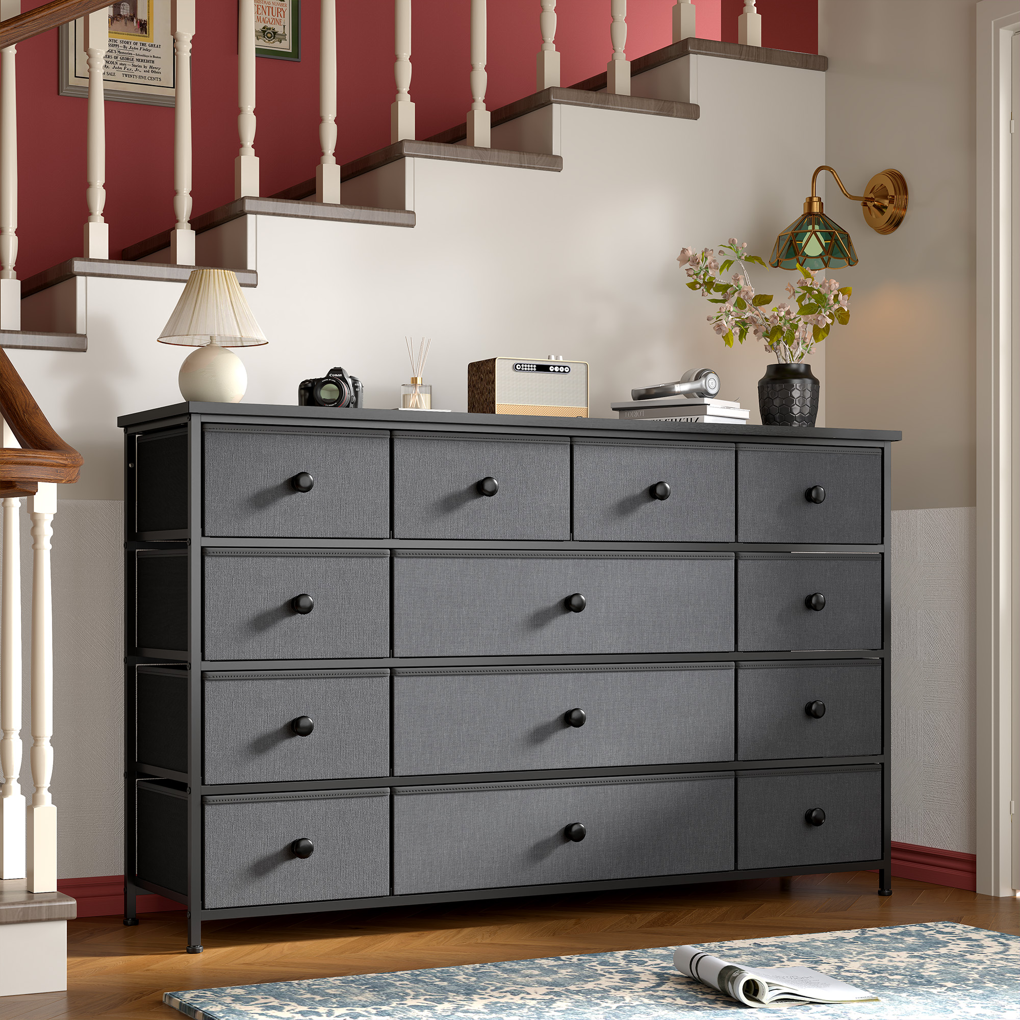 Romorgniz Dresser TV Stand, 13 Drawer Dressers for Bedroom, Chest of Drawers for 45" Long TV, Fabric Dresser for Storage, Gray