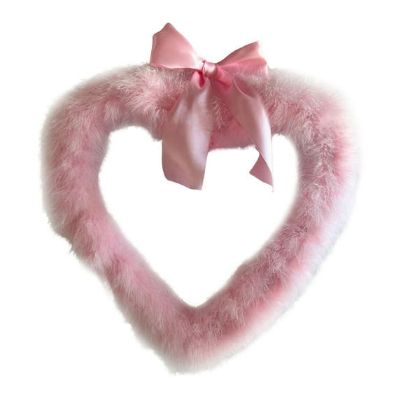 yocbz Bright Light Pink Feather Heart Wreath - Handmade Valentine's Day Wreath - Lightweight Fuzzy Indoor Home Wall Decoration and Front Door Decor