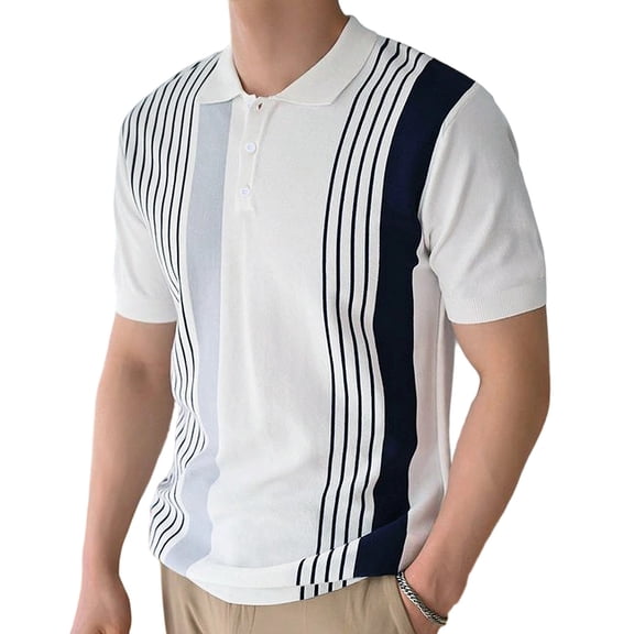 QNANSPI Mens Shirts Casual Stylish, Cool Clothes for Men, Striped Color Panels Mens Short Sleeve Turn Down Collar 3 Button Casual Daily Wear Outdoor Soft Breathable Shirts