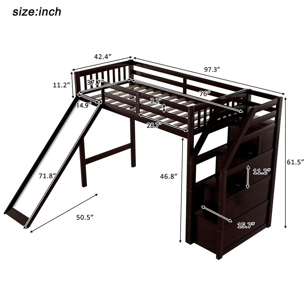 Kadyn Double Loft Bed with Storage and Slide, Kid's Bedroom Bed, Espresso Kadyn Double Loft Bed with Storage and Slide, Kid's Bedroom Bed, Espresso
