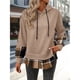 thumbnail image 5 of Sudadera con Capucha de Larga para Mujer, Estilo Patchwork A Cuadros, con Abertura Lateral, Ideal para Otoño e Invierno. Caqui M, 5 of 9